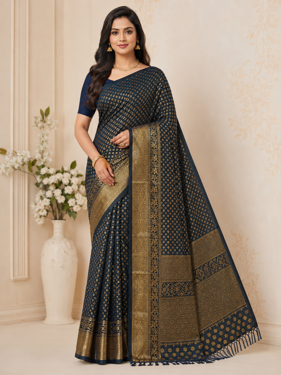 Navy Blue Georgette Silk Print Saree - Image 3