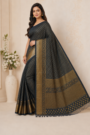 Navy Blue Georgette Silk Print Saree