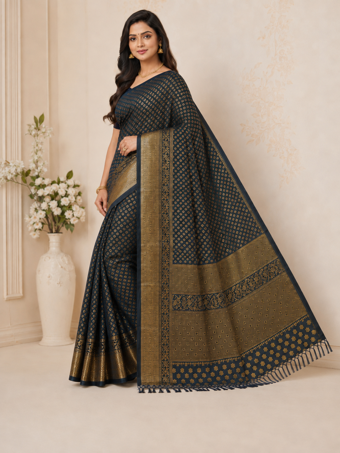 Navy Blue Georgette Silk Print Saree