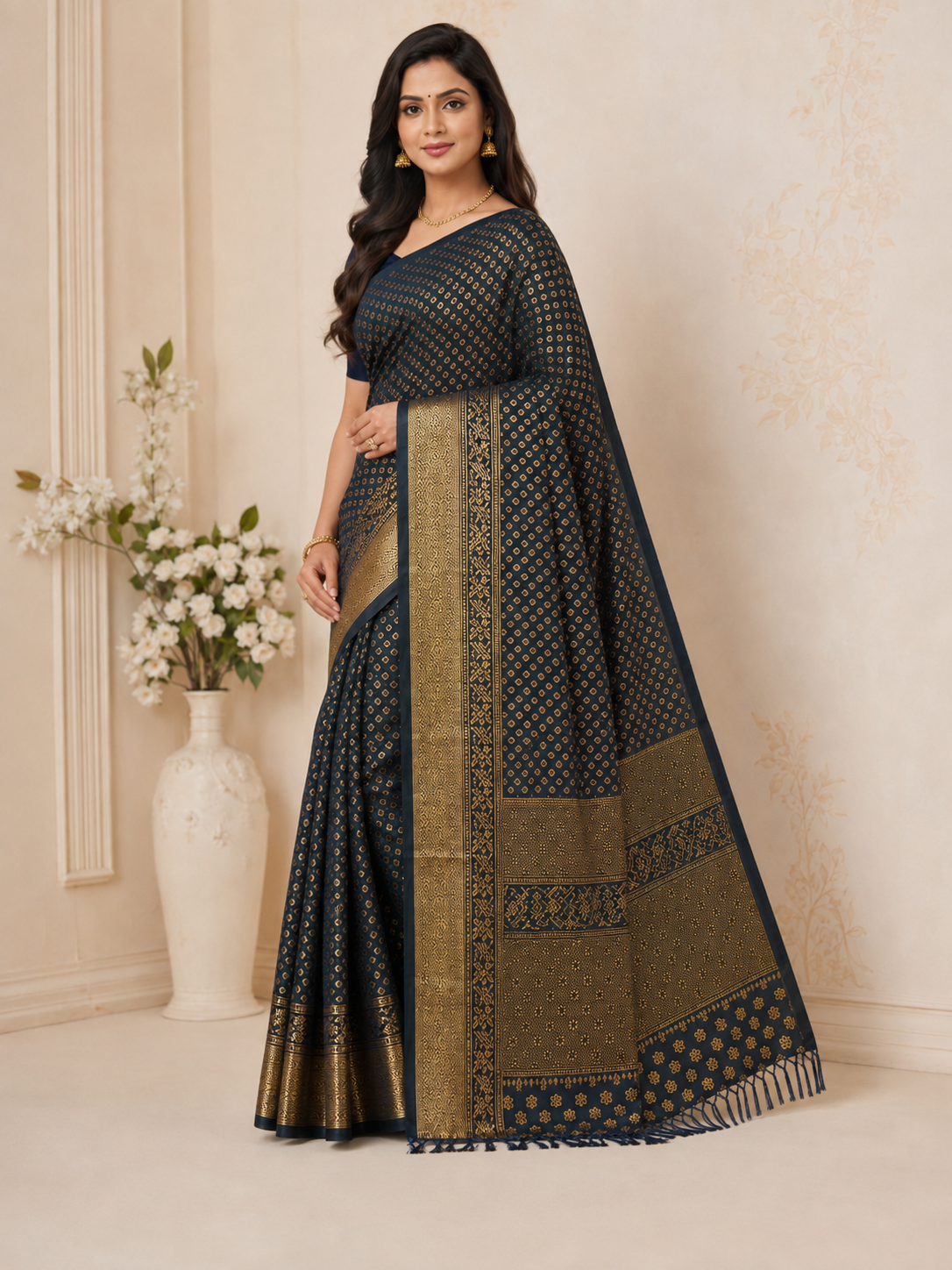 Navy Blue Georgette Silk Print Saree - Image 2