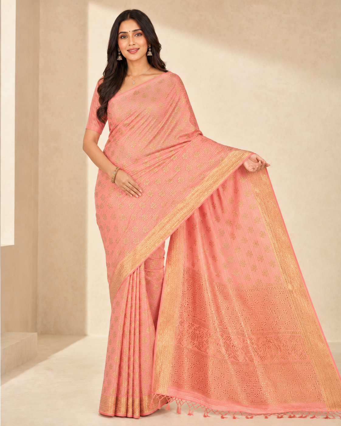 Peach Pink Georgette Silk Print Saree