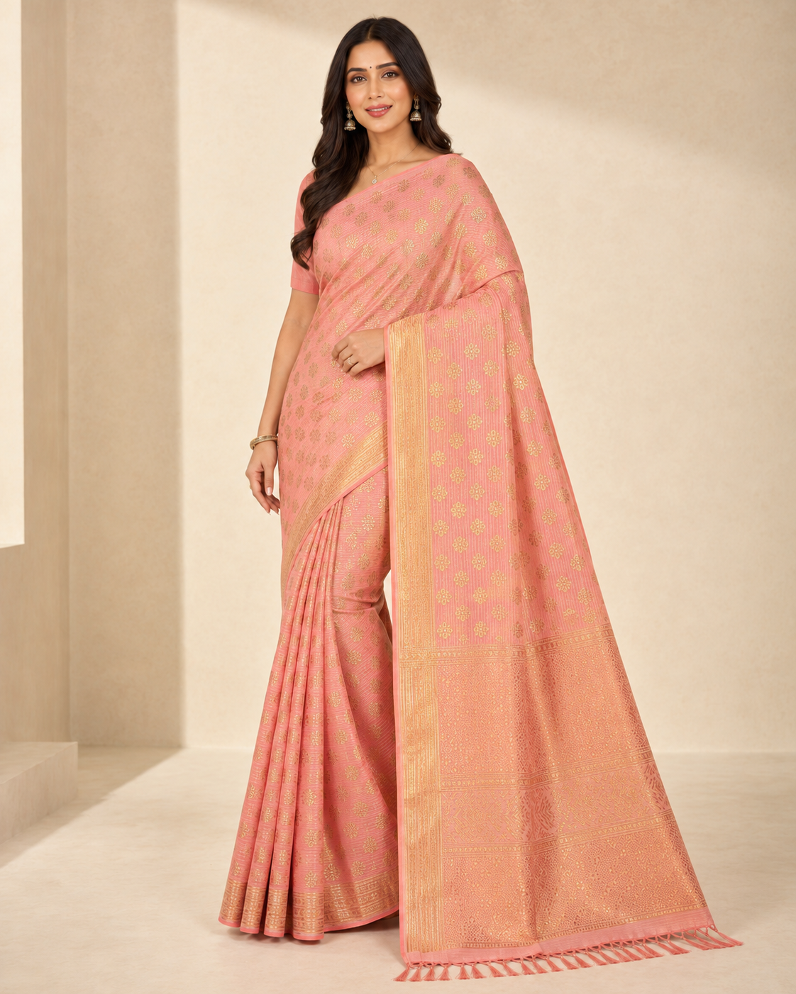 Peach Pink Georgette Silk Print Saree - Image 3