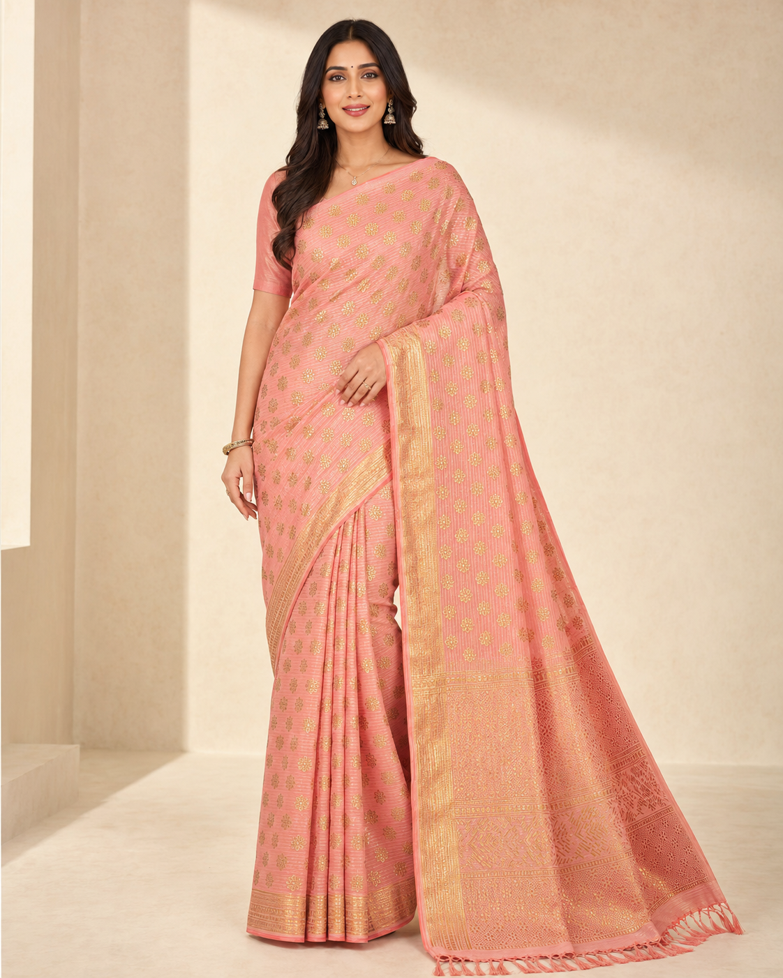 Peach Pink Georgette Silk Print Saree - Image 2
