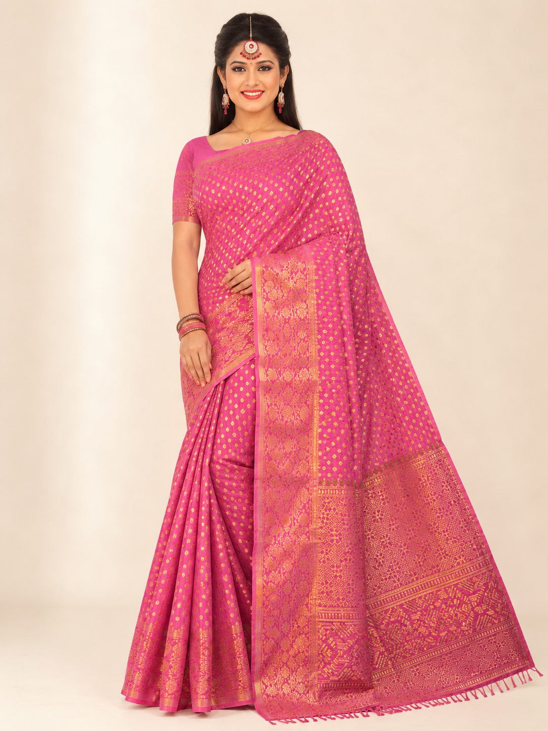 Rani Pink Georgette Silk Print Saree - Image 3