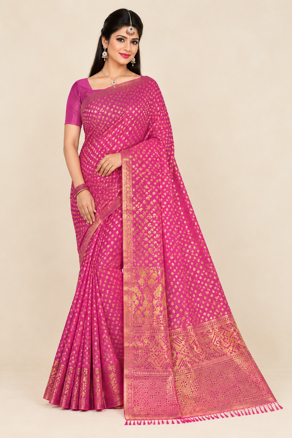 Rani Pink Georgette Silk Print Saree - Image 2