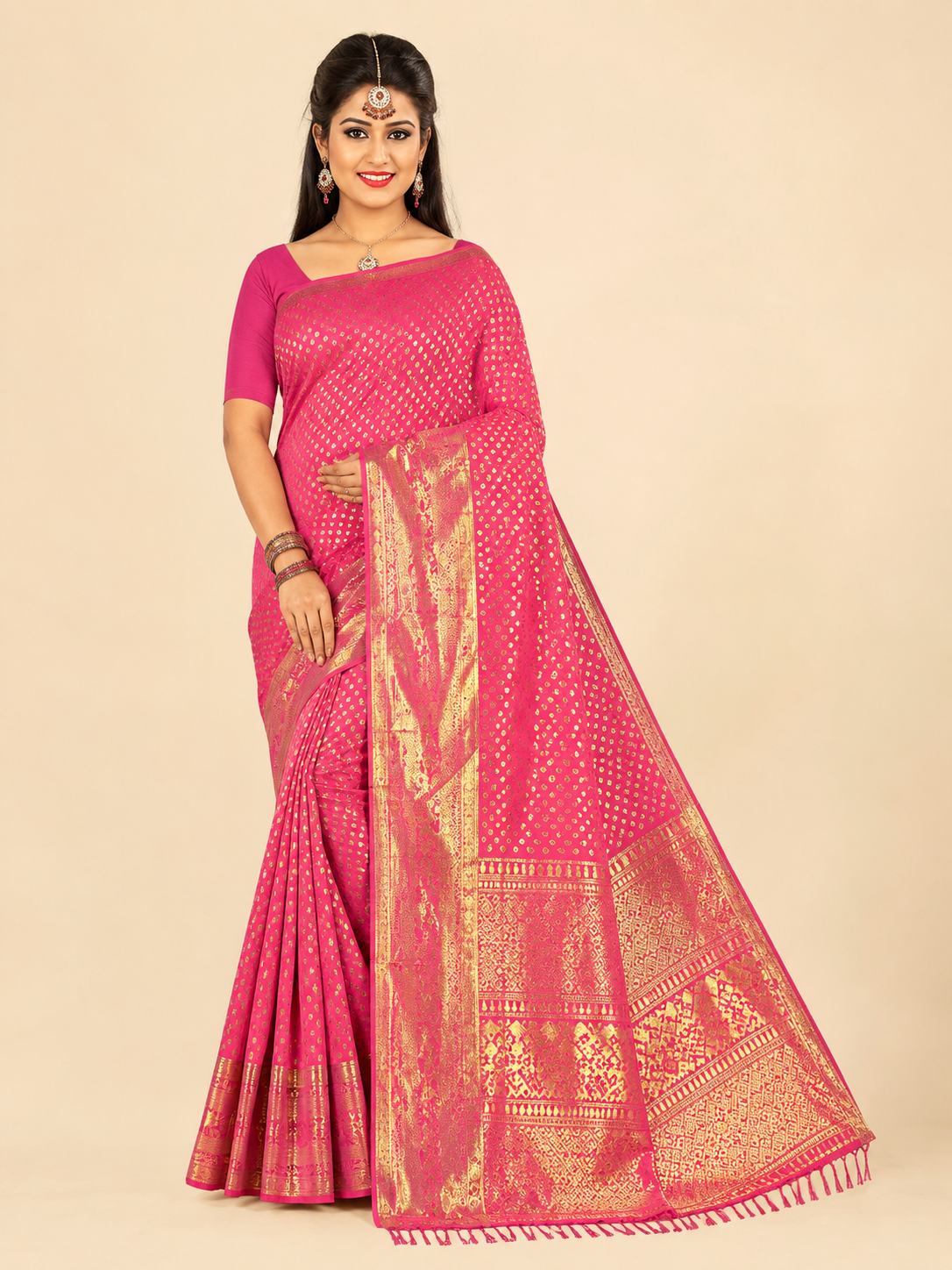 Rani Pink Georgette Silk Print Saree