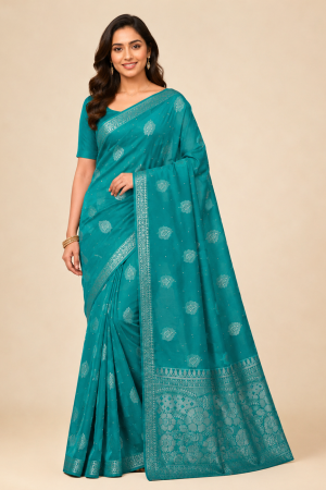 Teal Blue Georgette Silk Print Saree