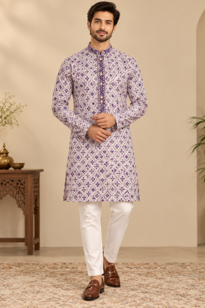 Men’s Lavender Purple Embroidered Designer Kurta
