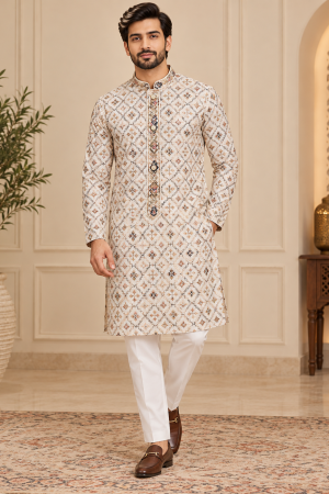Men’s Cream Multicolor Embroidered Designer Kurta
