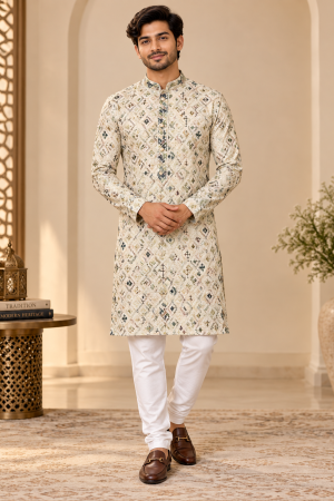 Men’s Cream Multicolor Embroidered Designer Kurta