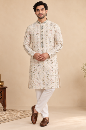 Men’s Cream Embroidered Designer Kurta