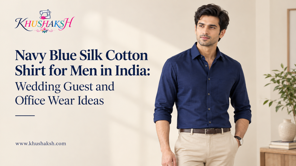 Navy blue silk cotton shirt for men styled for a wedding and office wear