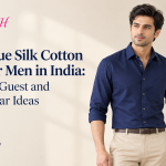 Navy blue silk cotton shirt for men styled for a wedding and office wear