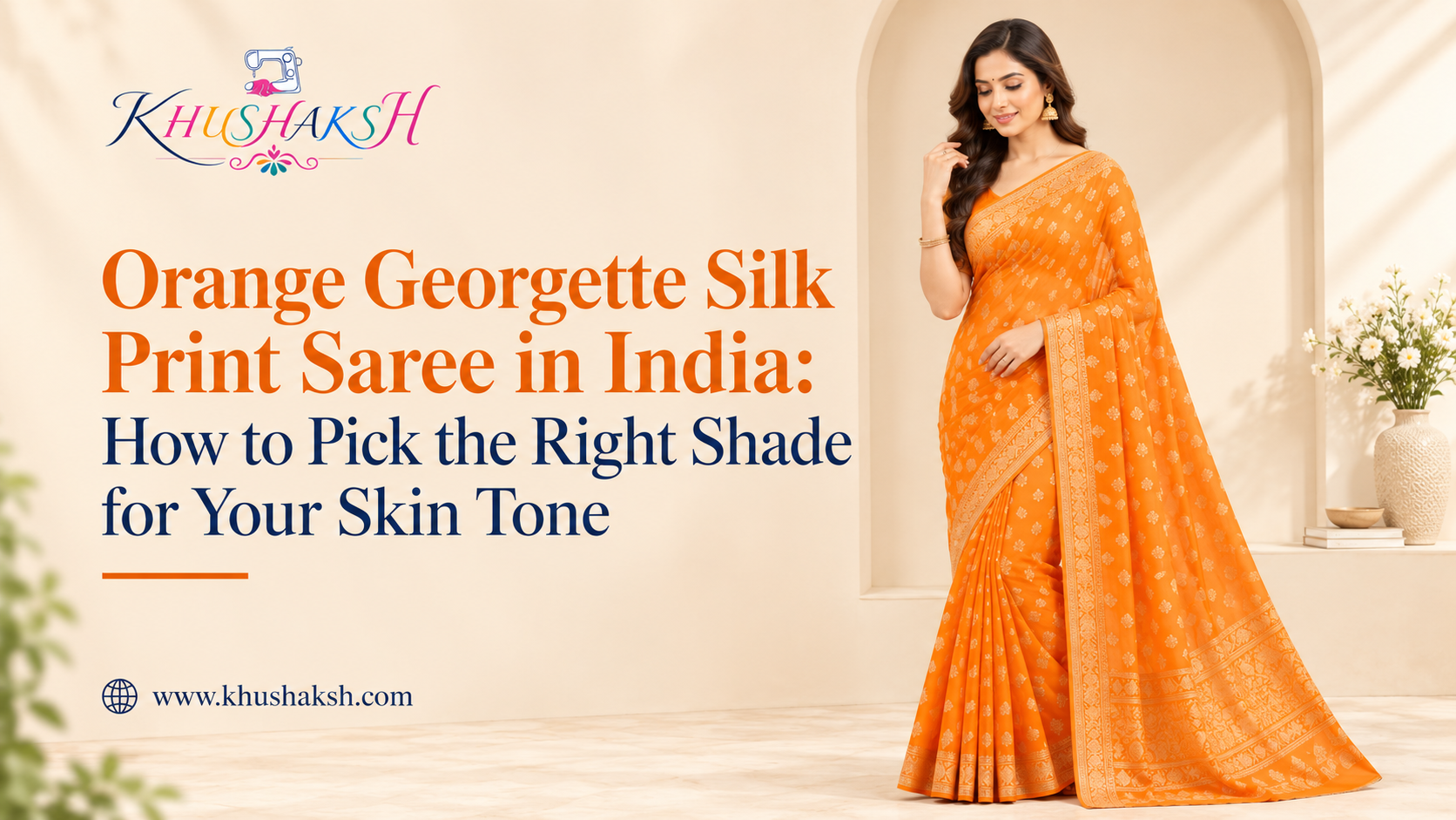 Woman wearing an orange georgette silk print saree