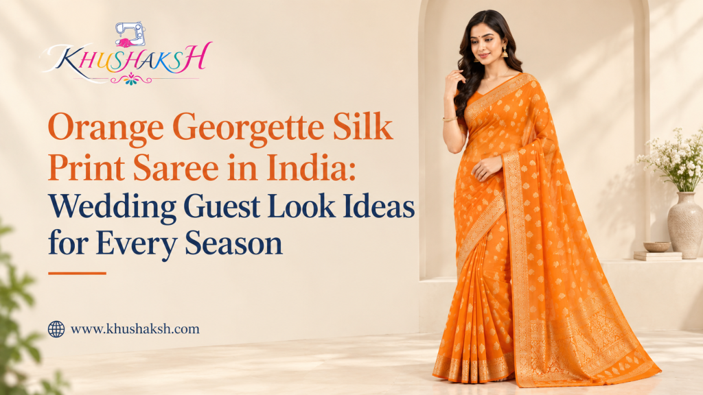Woman wearing an orange georgette silk print saree as a wedding guest look