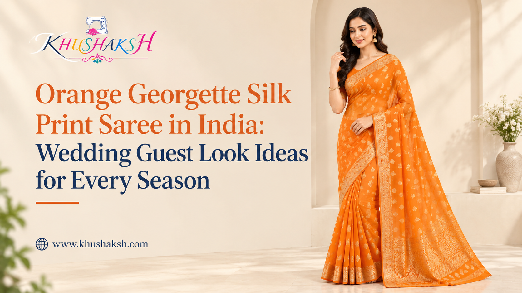 Woman wearing an orange georgette silk print saree as a wedding guest look