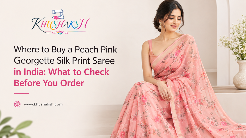 Peach pink georgette silk print saree with printed design