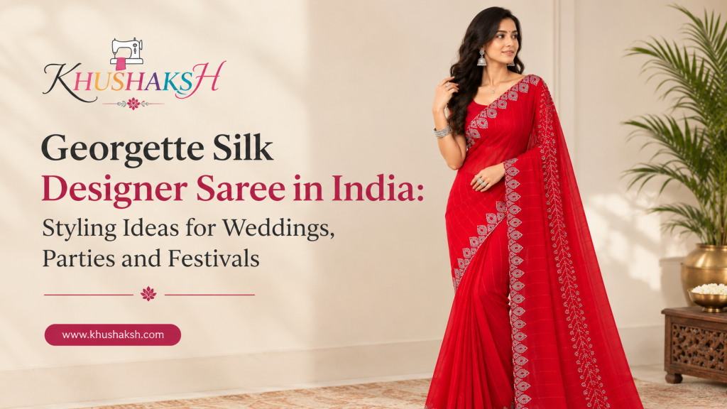 Woman in a georgette silk designer saree styled for a festive occasion