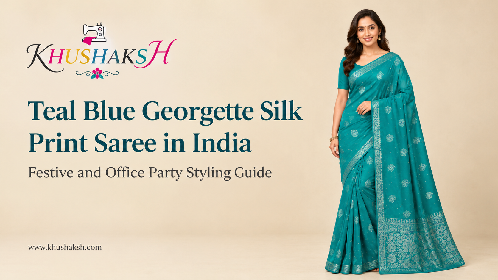 Woman wearing a teal blue georgette silk print saree in India