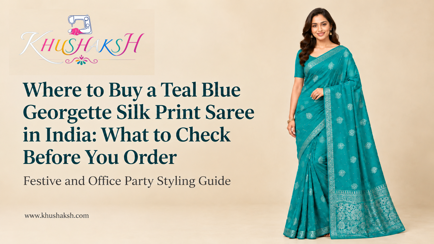 Teal blue georgette silk print saree draped for a festive occasion